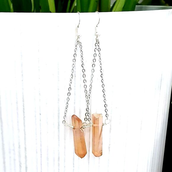 Dyed Orange Quartz Crystal Point Dangles, Gemstone Boho 3.5" - Picture 2 of 5